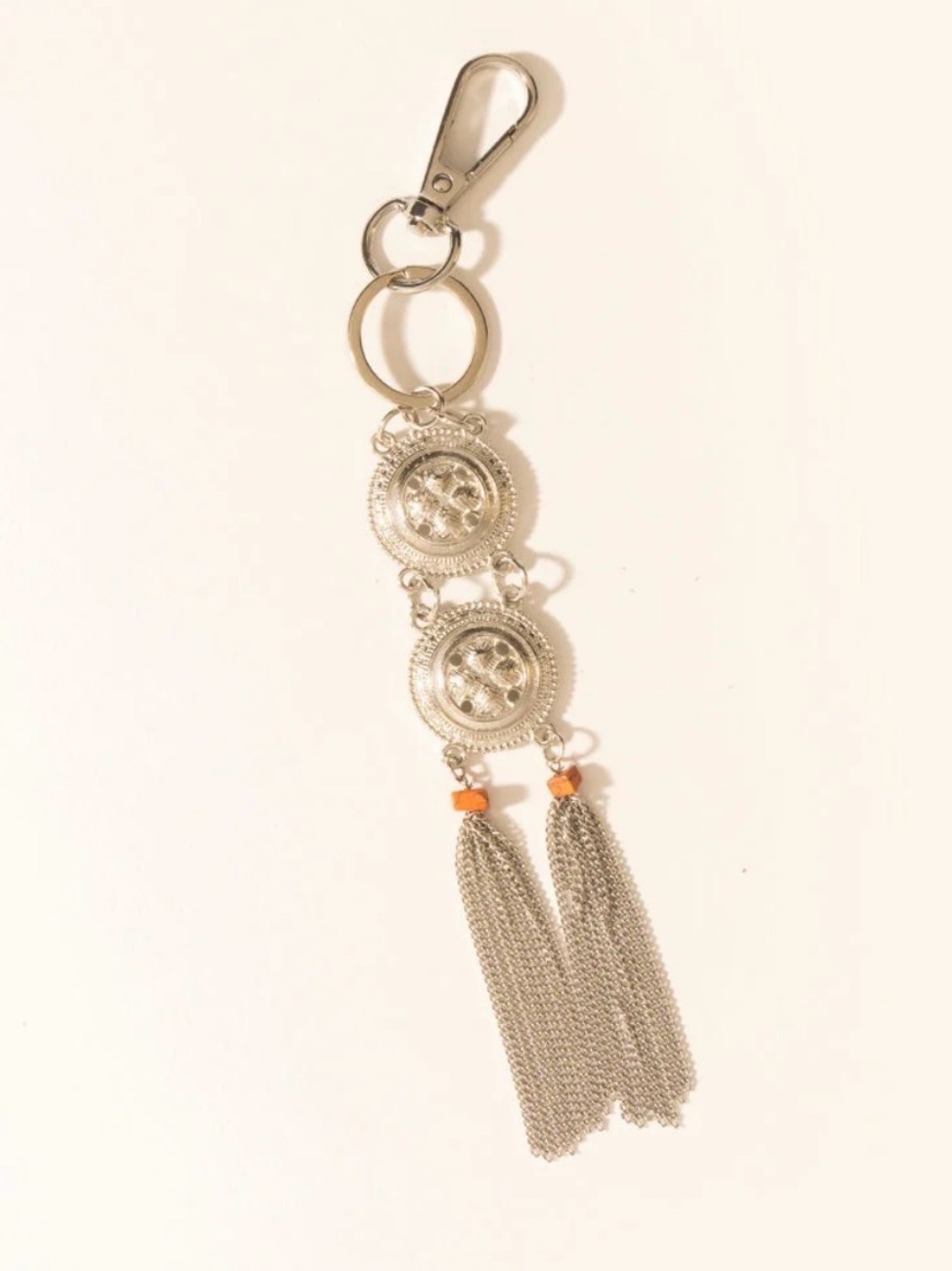 Western Bag Charm Silver Tassel Keychain Charm with Orange Accent